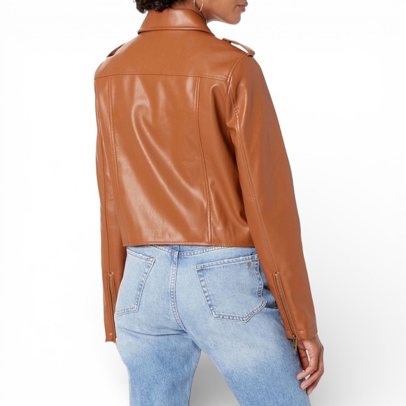 The Drop Heather Moto Jacket Cognac Faux Leather Zip Womens Size L - Picture 2 of 8